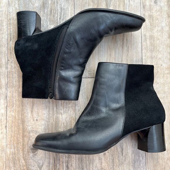 90’s Black Leather & Corduroy Ankle Boots 8.5 White Mt. Hope Black Boot Vintage - Picture 1 of 13